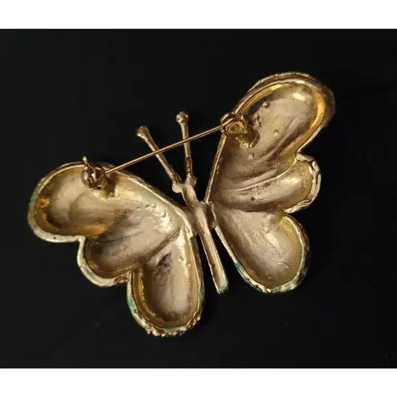 Gorgeous Gold Tone Pierced Butterfly Pin Rhinestones & Enamel Gold Gems - Picture 3 of 7